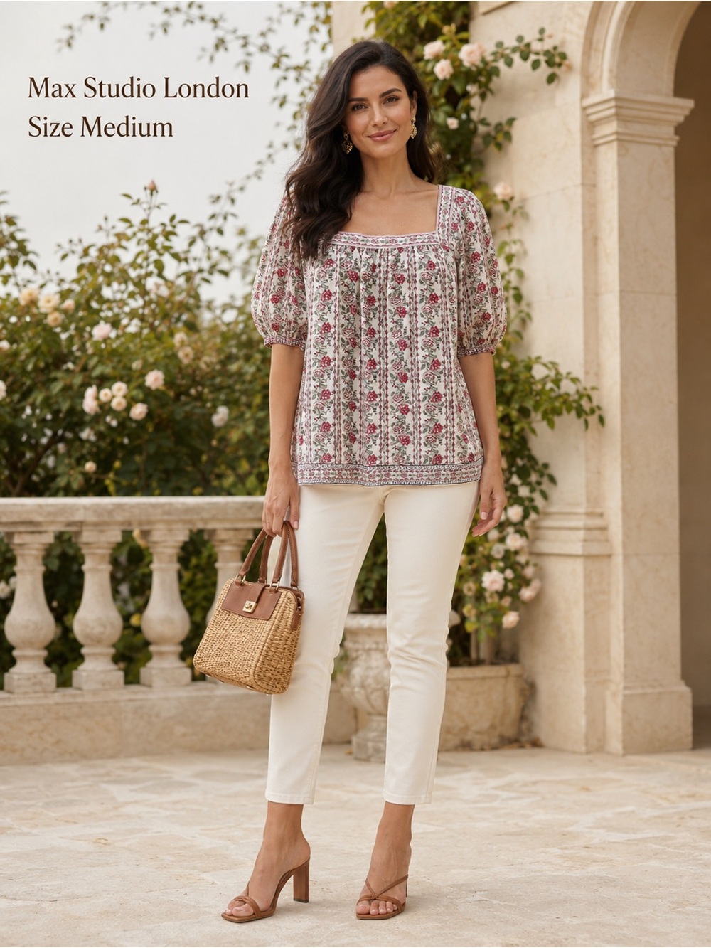 Max Studio London Floral Square Neck Puff Sleeve Cottagecore Blouse Medium